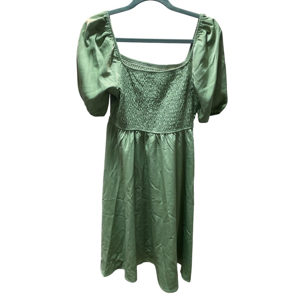 Yoesee Sage Green Satin Smocked Puff Sleeve Midi Dress Cottagecore Square Neck